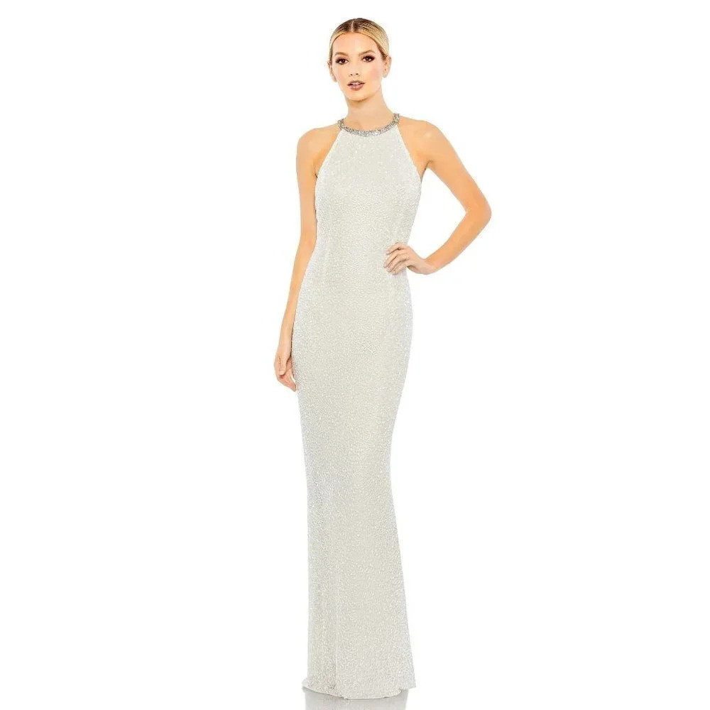 Mac Duggal Beaded Sleeveless High Neck Column Gown in White 2 New Womens